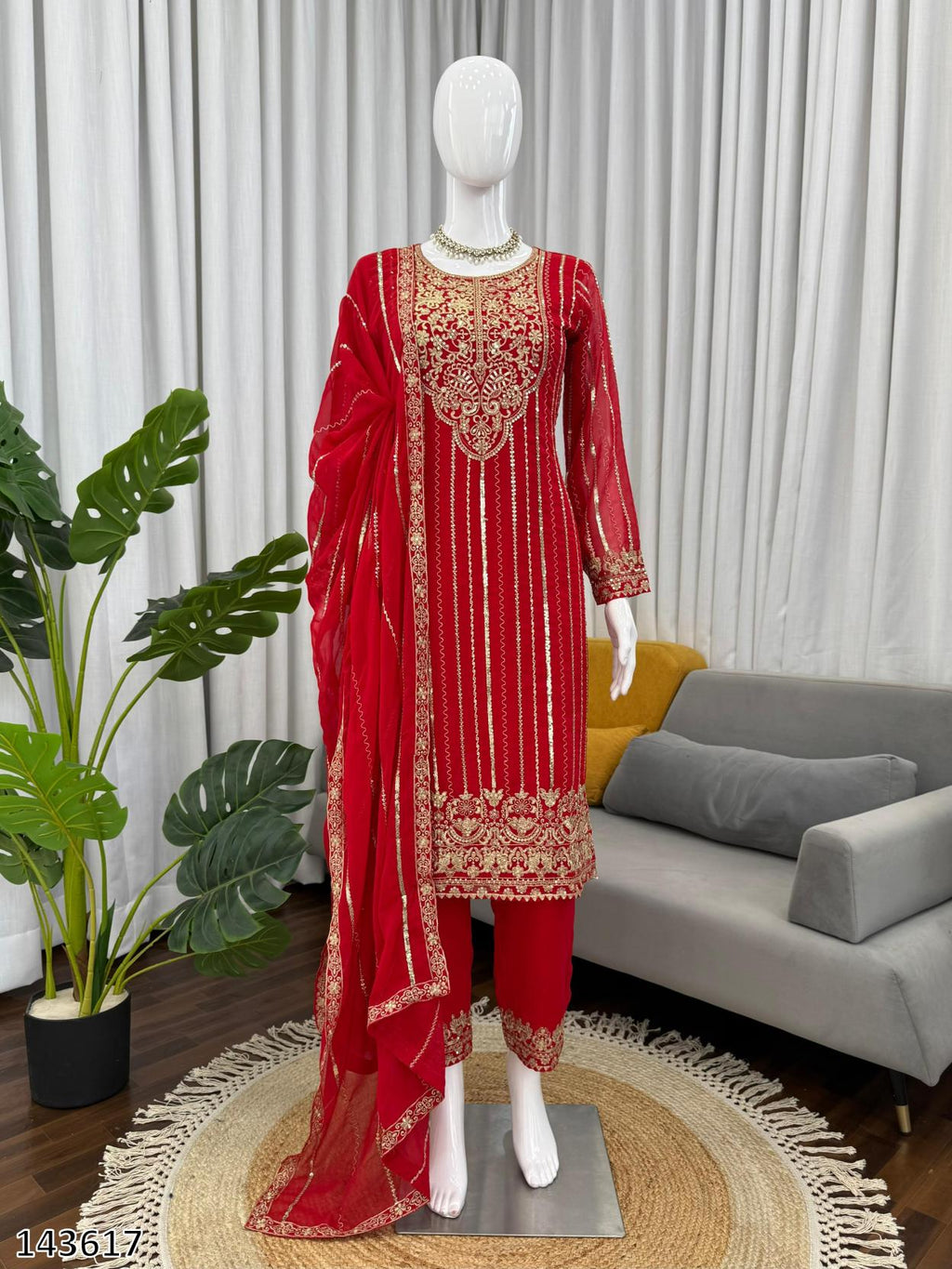 Faux Georgette Red Colour Elegant Embroidered 3PC Suit