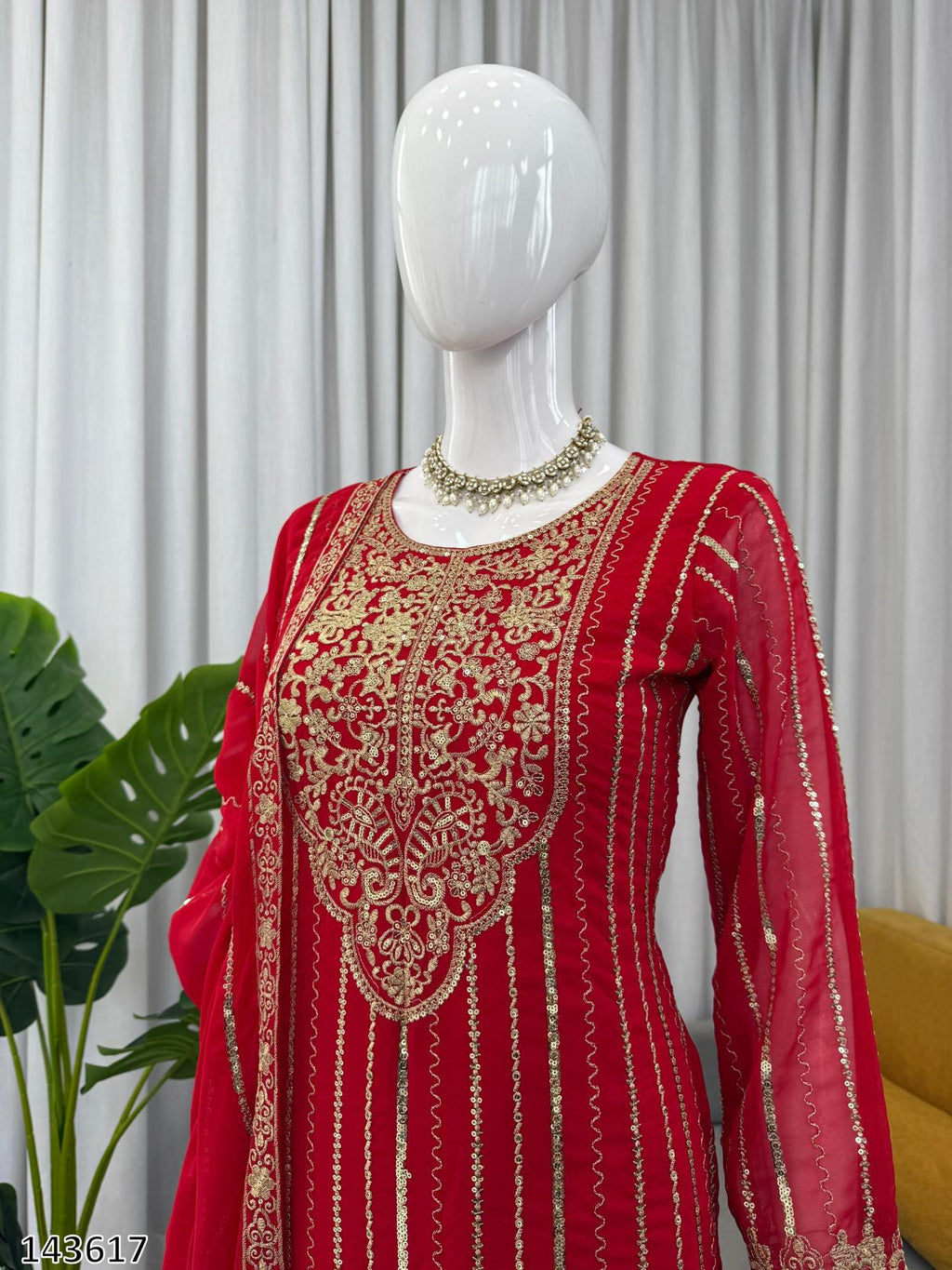 Faux Georgette Red Colour Elegant Embroidered 3PC Suit