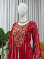 Faux Georgette Red Colour Elegant Embroidered 3PC Suit