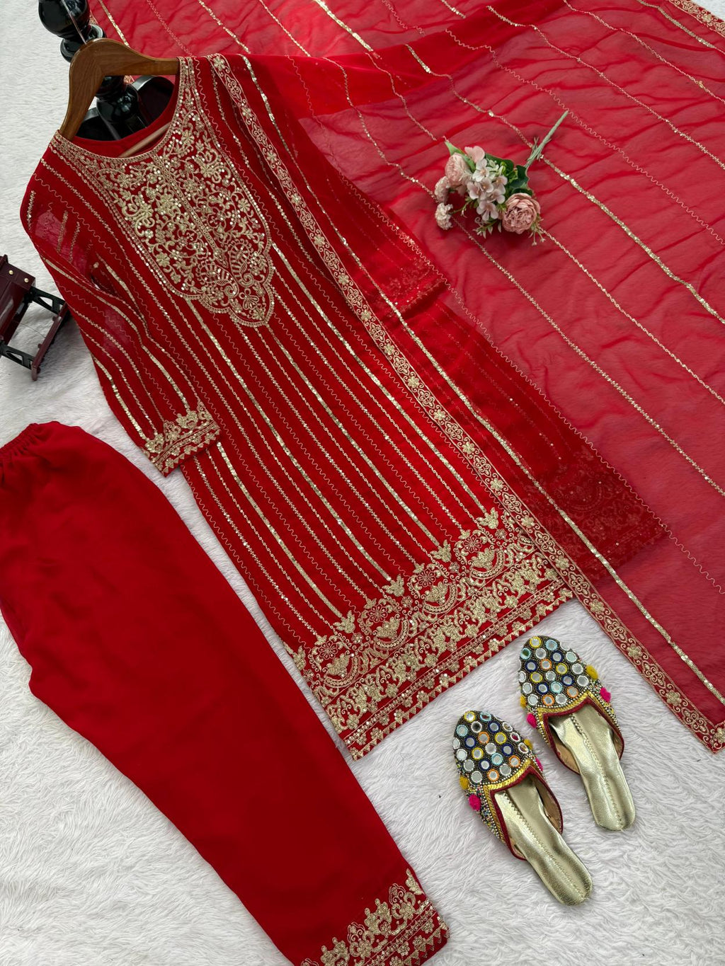 Faux Georgette Red Colour Elegant Embroidered 3PC Suit