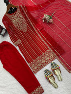 Faux Georgette Red Colour Elegant Embroidered 3PC Suit