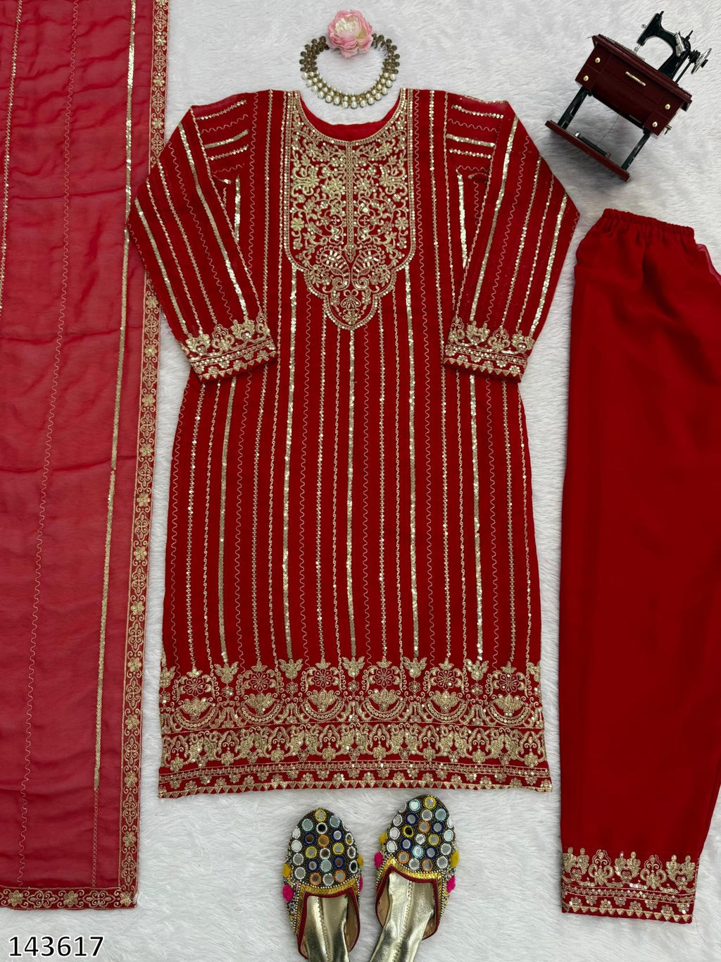 Faux Georgette Red Colour Elegant Embroidered 3PC Suit