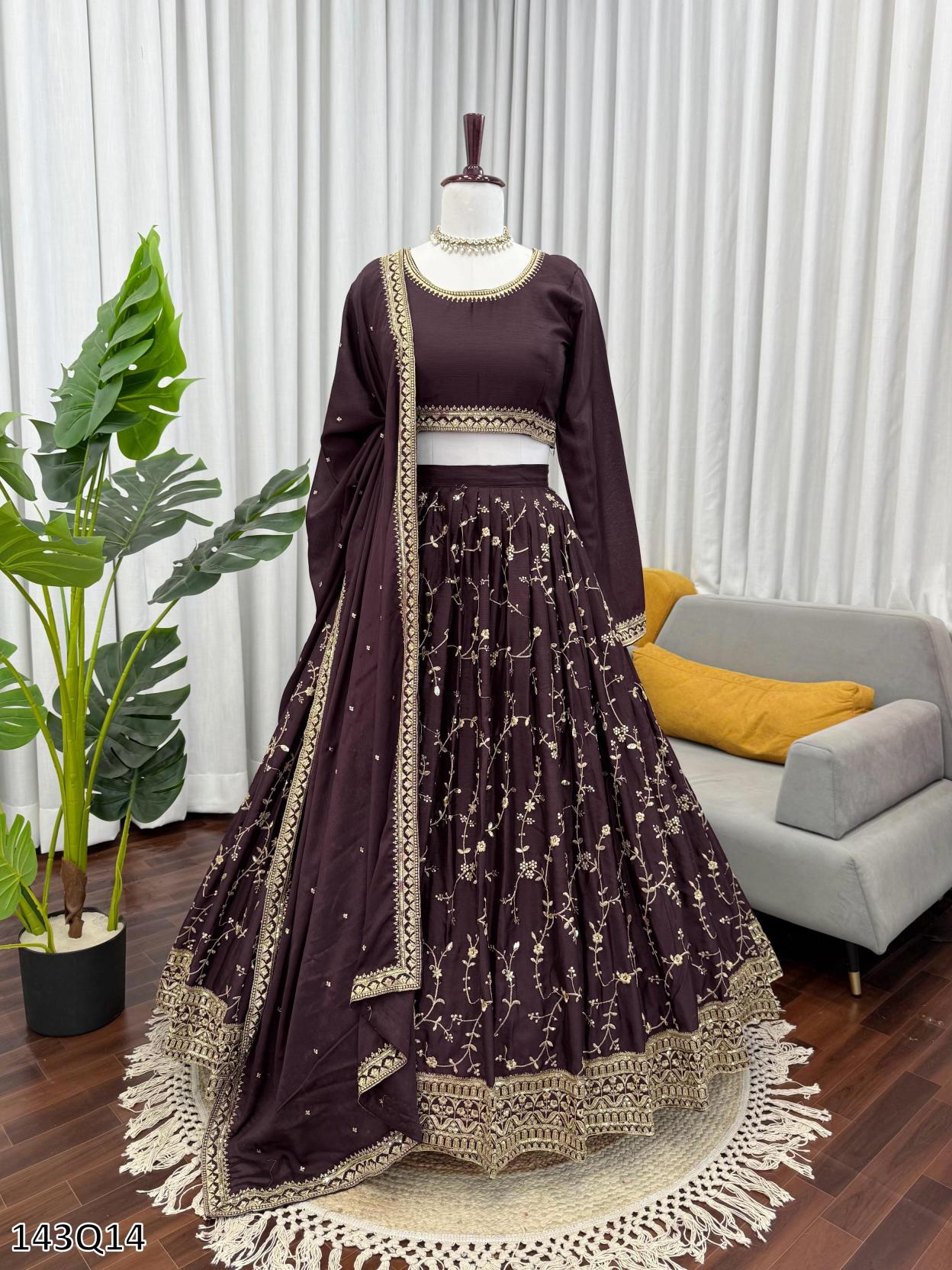 Royal Wine Chinon Silk Thread & Sequin Embroidered Lehenga Choli – Elegance Redefined!