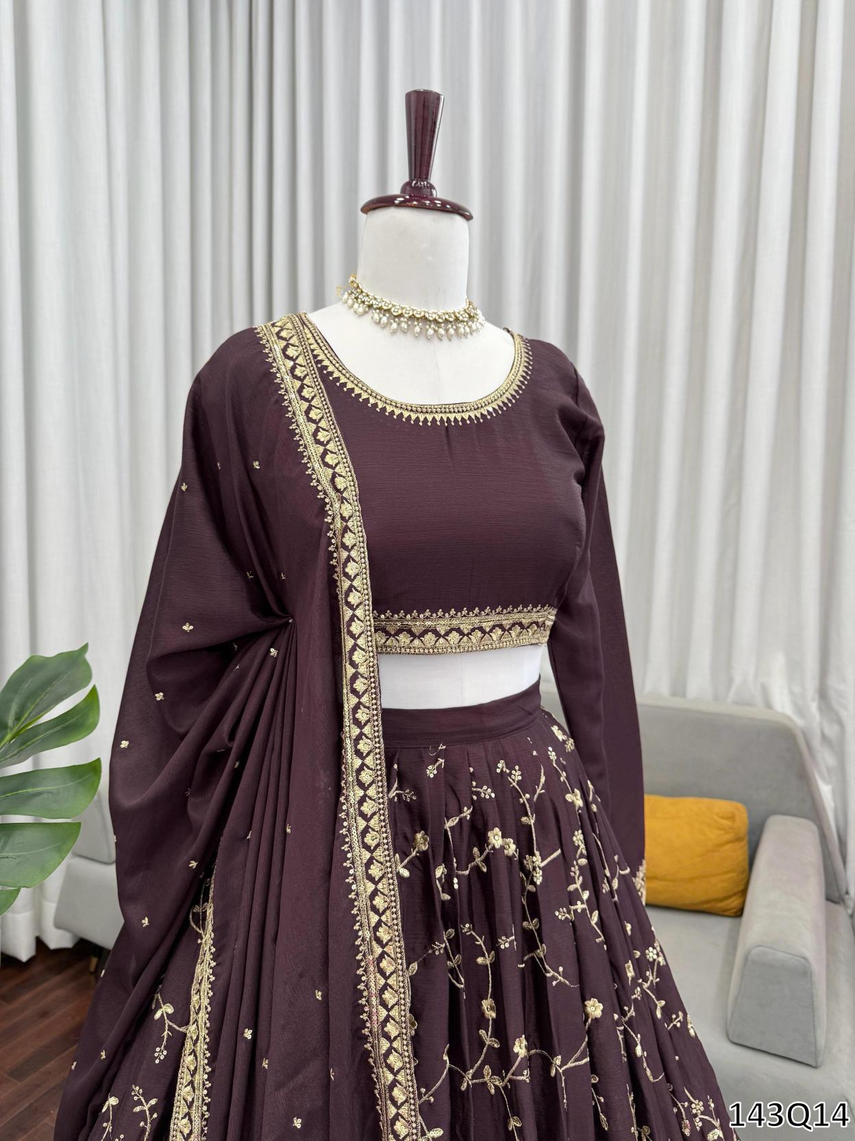Royal Wine Chinon Silk Thread & Sequin Embroidered Lehenga Choli – Elegance Redefined!