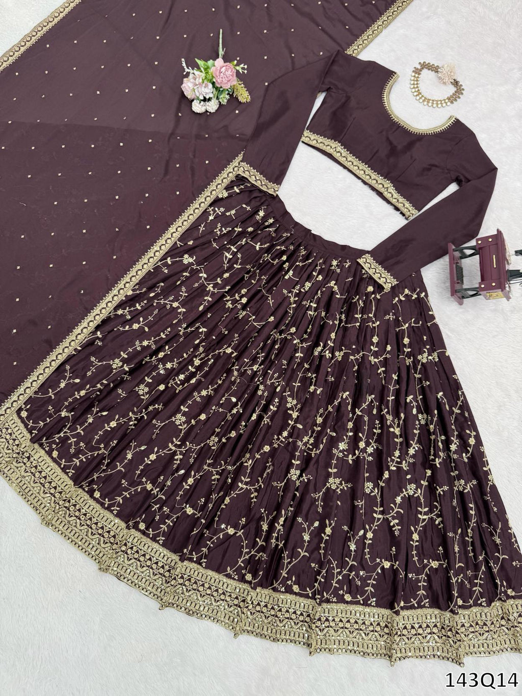 Royal Wine Chinon Silk Thread & Sequin Embroidered Lehenga Choli – Elegance Redefined!