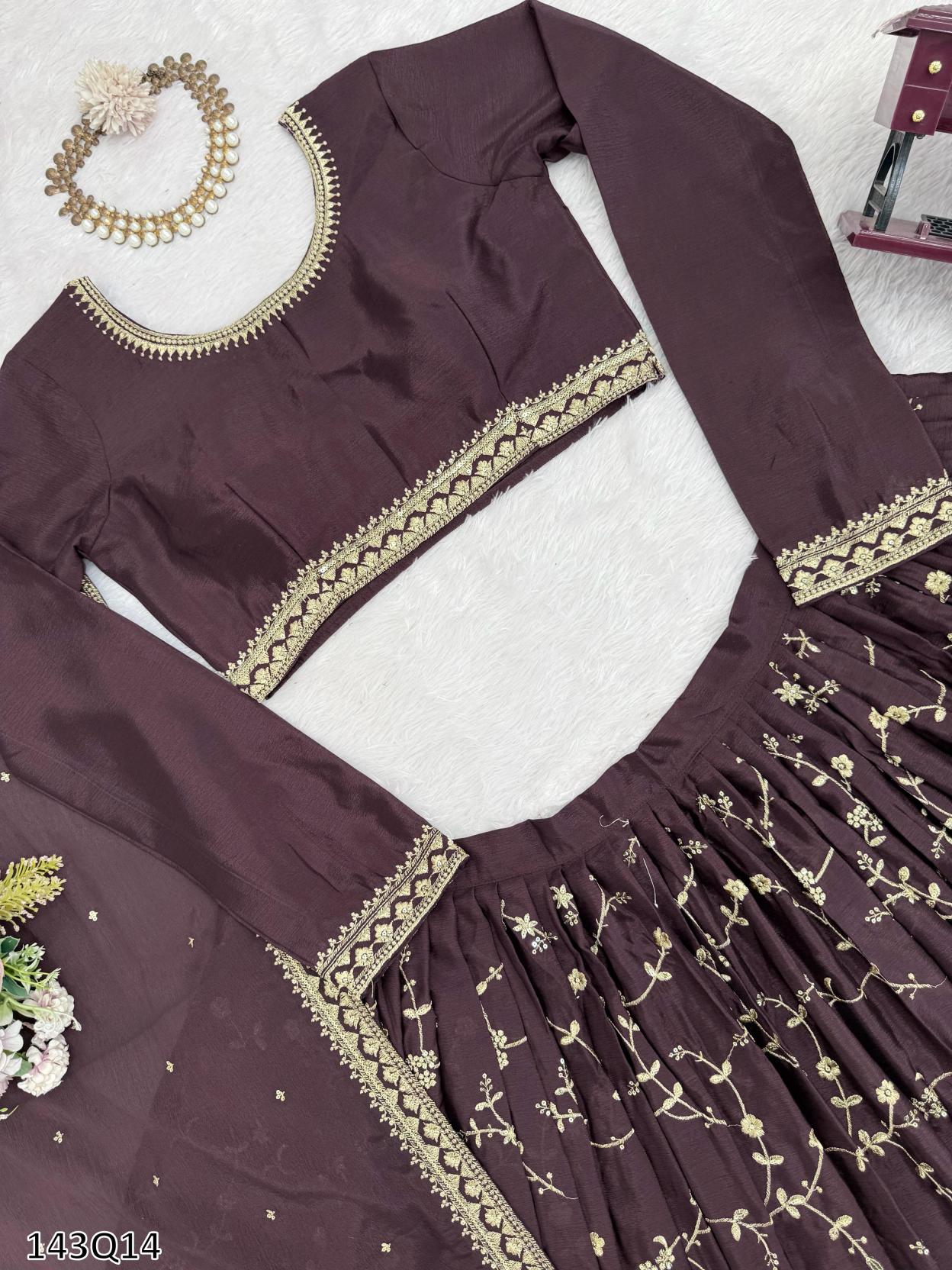 Royal Wine Chinon Silk Thread & Sequin Embroidered Lehenga Choli – Elegance Redefined!