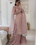 "Majestic Mirror & Sequence Embroidered Fox Georgette Sharara Suit – Wedding & Festive Edition"