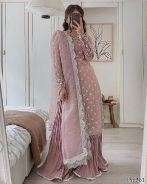 "Majestic Mirror & Sequence Embroidered Fox Georgette Sharara Suit – Wedding & Festive Edition"
