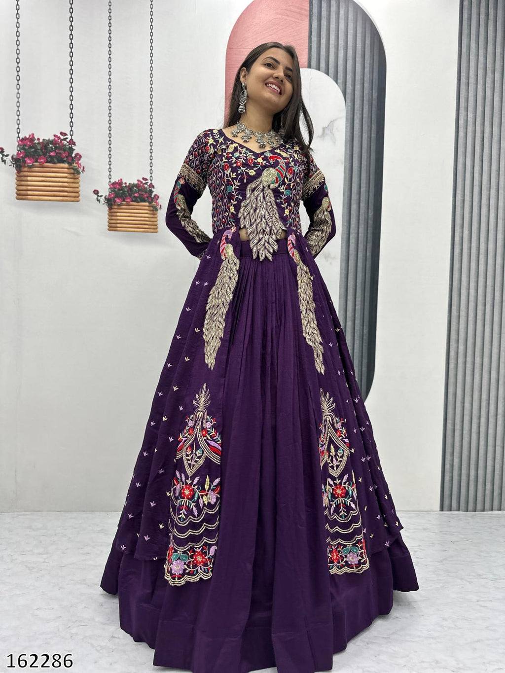 Diwali Radiance – Vichitra Silk Crop Top, Shrug & Gown Set