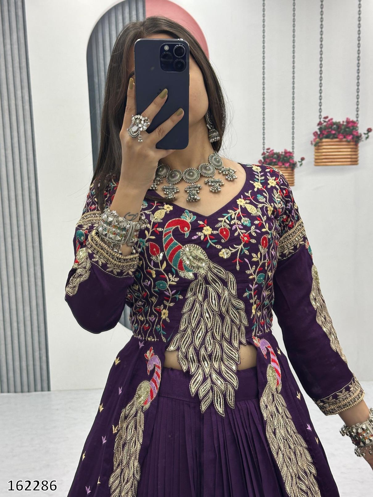 Diwali Radiance – Vichitra Silk Crop Top, Shrug & Gown Set