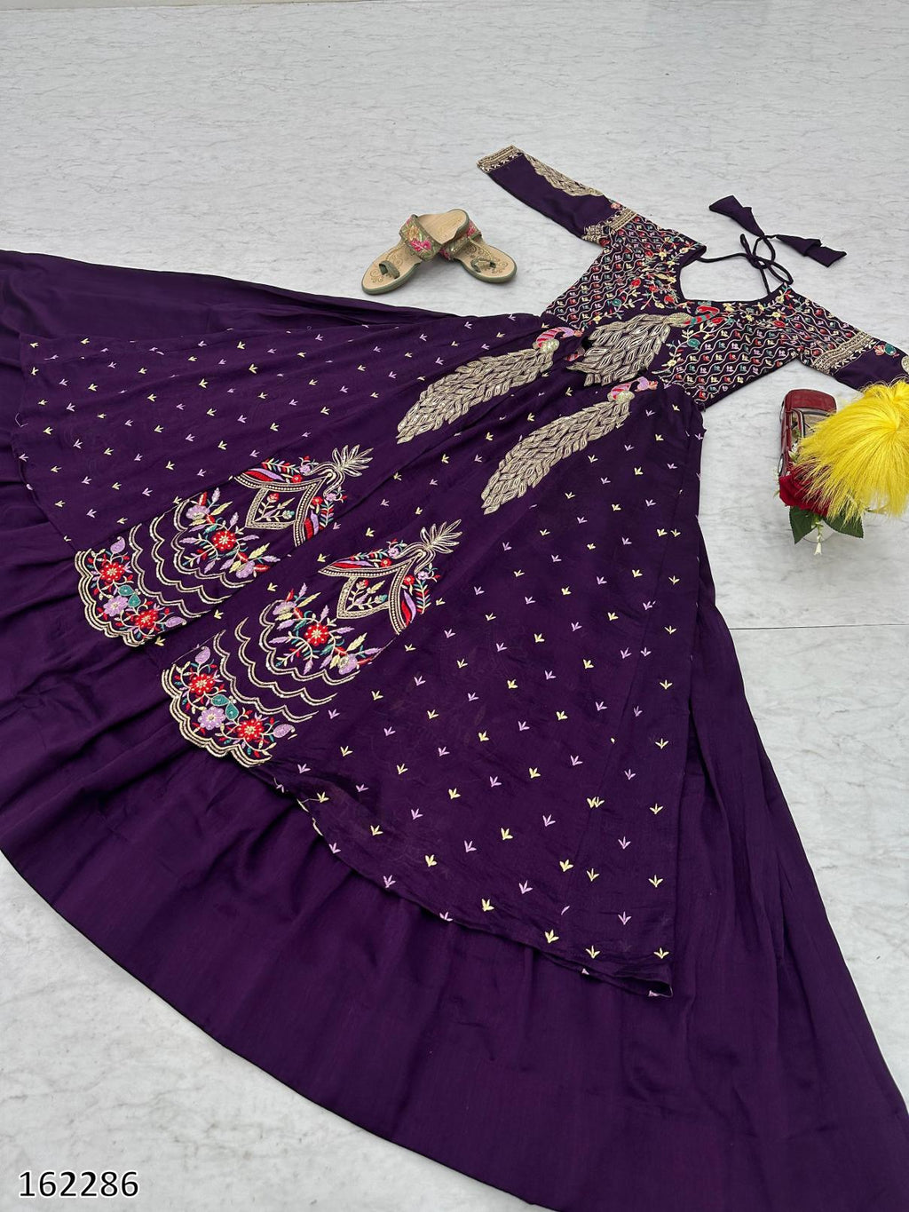 Diwali Radiance – Vichitra Silk Crop Top, Shrug & Gown Set