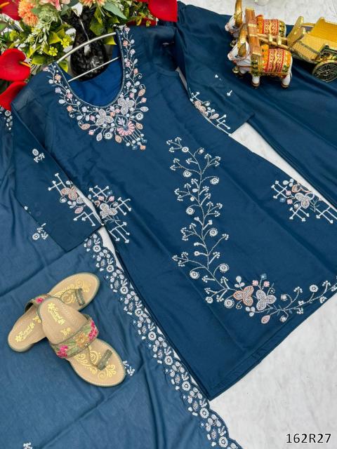 Elegant Floral Embroidered Kurti Plazzo Dupatta Set