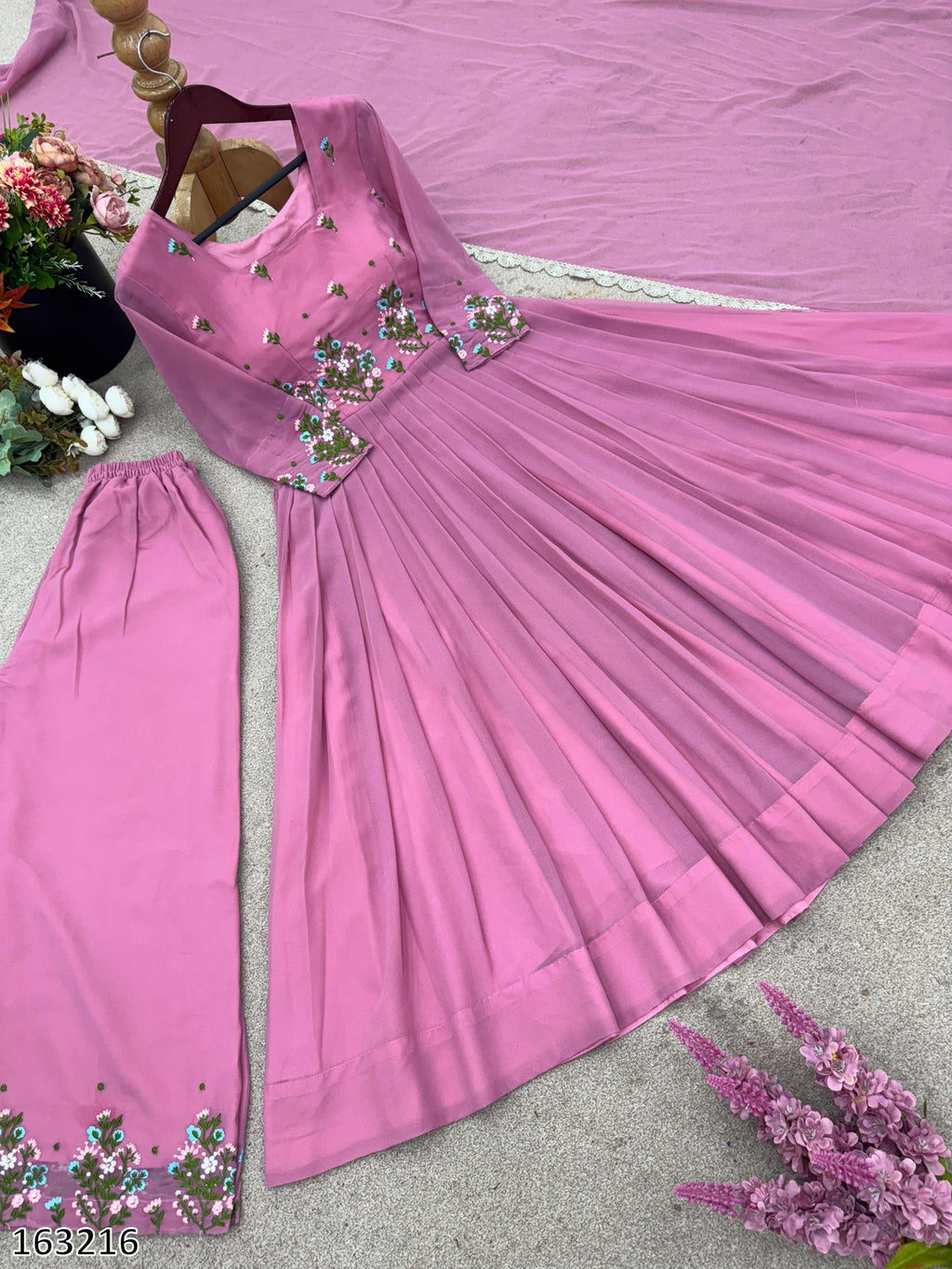 Majestic Mauve Embroidered Anarkali Set with Palazzo & Dupatta – Elegance Redefined