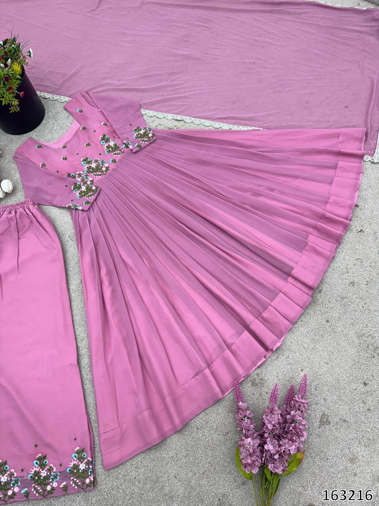 Majestic Mauve Embroidered Anarkali Set with Palazzo & Dupatta – Elegance Redefined