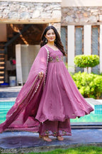 Majestic Mauve Embroidered Anarkali Set with Palazzo & Dupatta – Elegance Redefined