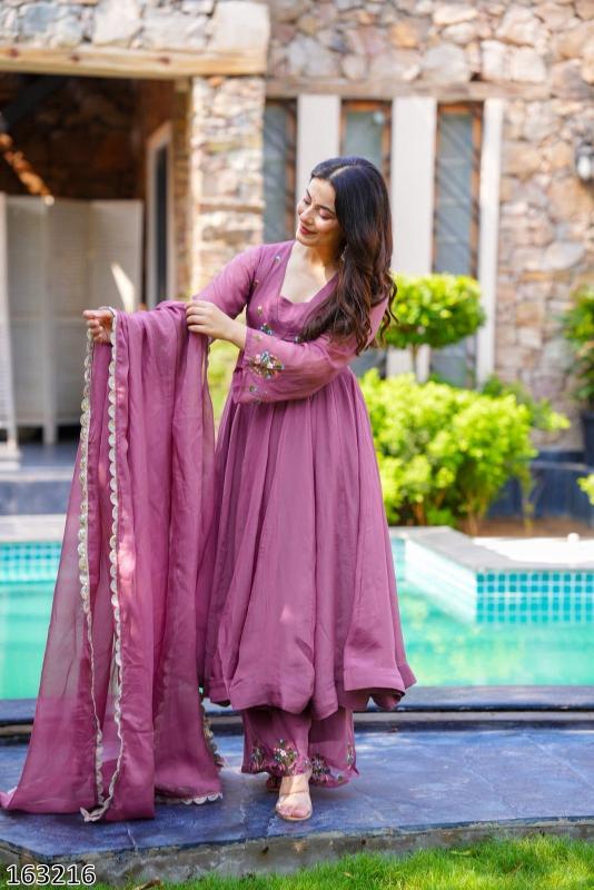 Majestic Mauve Embroidered Anarkali Set with Palazzo & Dupatta – Elegance Redefined