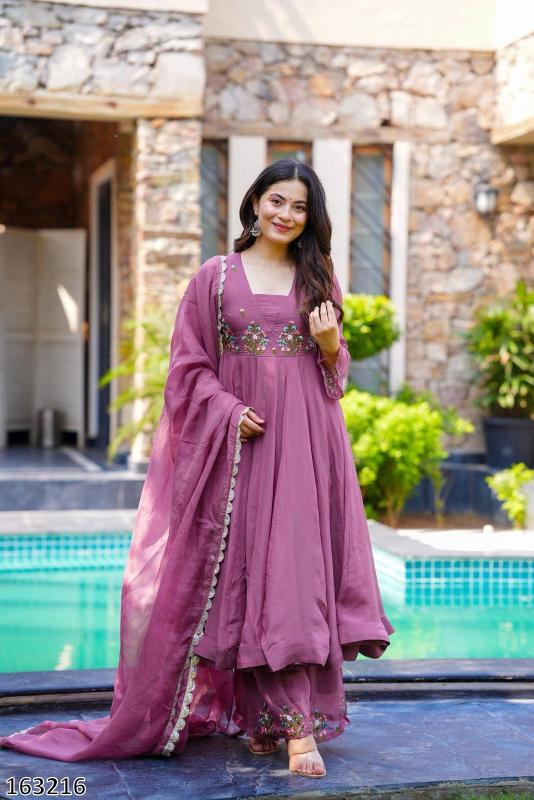 Majestic Mauve Embroidered Anarkali Set with Palazzo & Dupatta – Elegance Redefined
