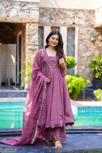 Majestic Mauve Embroidered Anarkali Set with Palazzo & Dupatta – Elegance Redefined