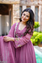 Majestic Mauve Embroidered Anarkali Set with Palazzo & Dupatta – Elegance Redefined