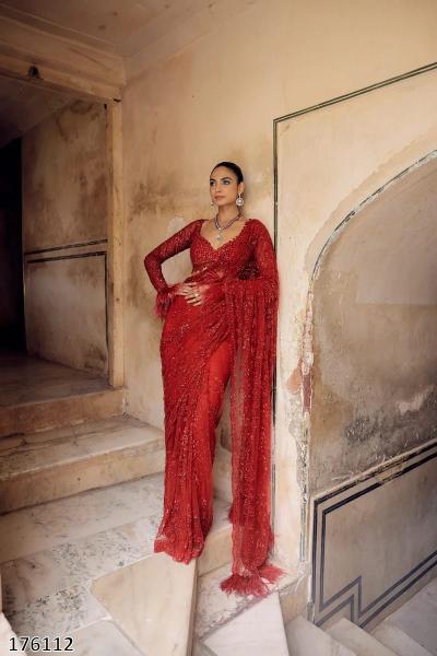 Bollywood Red Sequin Georgette Saree – Designer Glam for Weddings & Parties