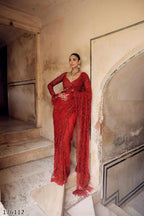 Bollywood Red Sequin Georgette Saree – Designer Glam for Weddings & Parties
