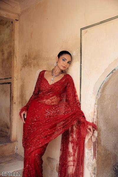 Bollywood Red Sequin Georgette Saree – Designer Glam for Weddings & Parties