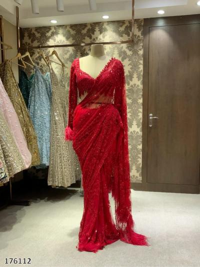 Bollywood Red Sequin Georgette Saree – Designer Glam for Weddings & Parties
