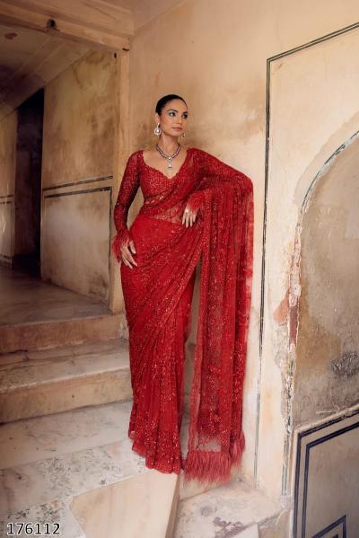 Bollywood Red Sequin Georgette Saree – Designer Glam for Weddings & Parties