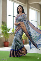 Herbliss Moss Chiffon Saree with Rich Jacquard Border – Bridal / Festive Drapes