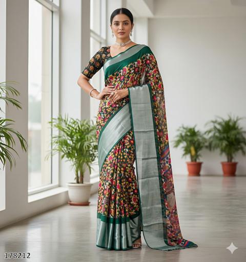Herbliss Moss Chiffon Saree with Rich Jacquard Border – Bridal / Festive Drapes