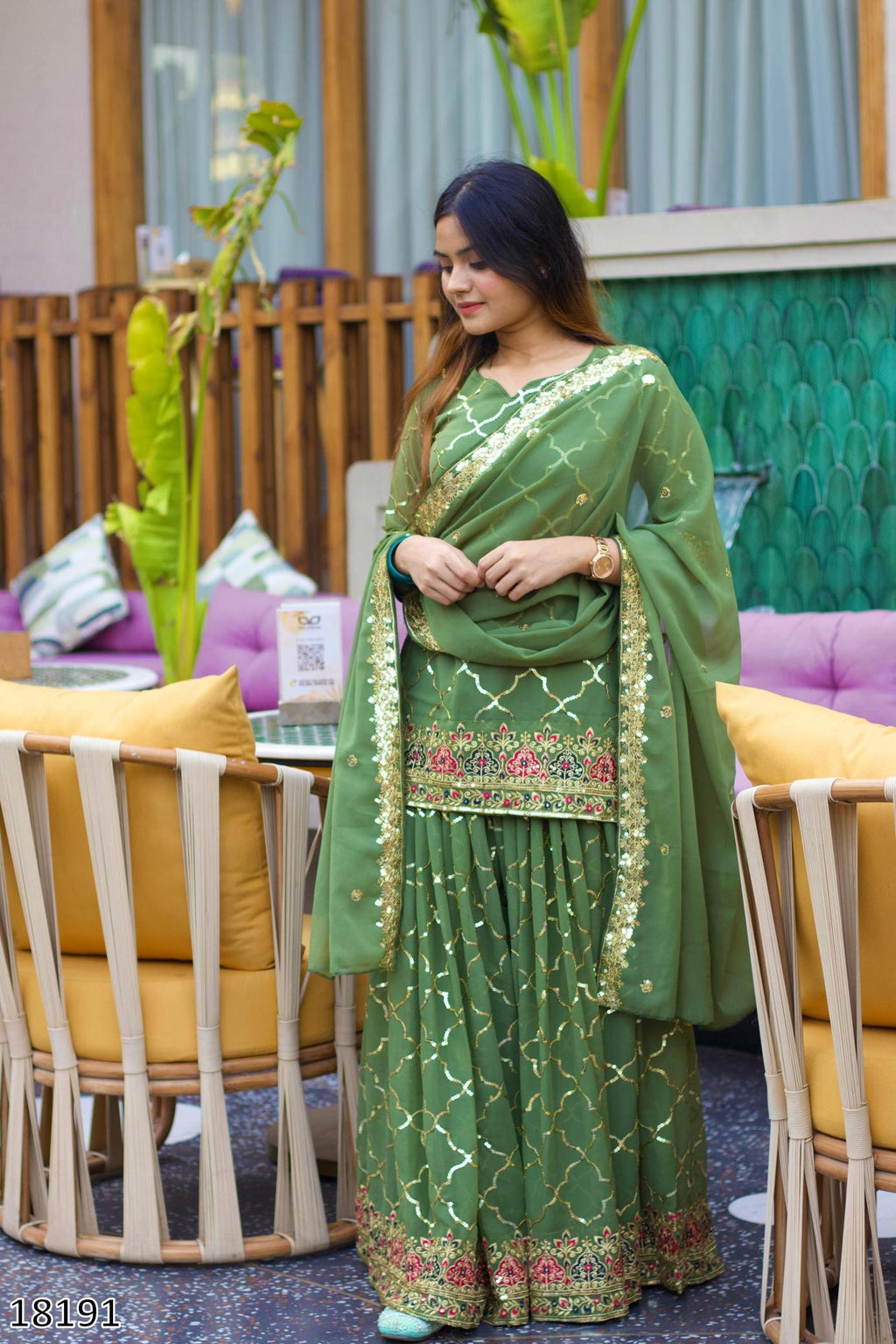 “Starlet Soirée Designer Party Set – Top, Sharara, Palazzo & Dupatta Ensemble” (Pack of 4)