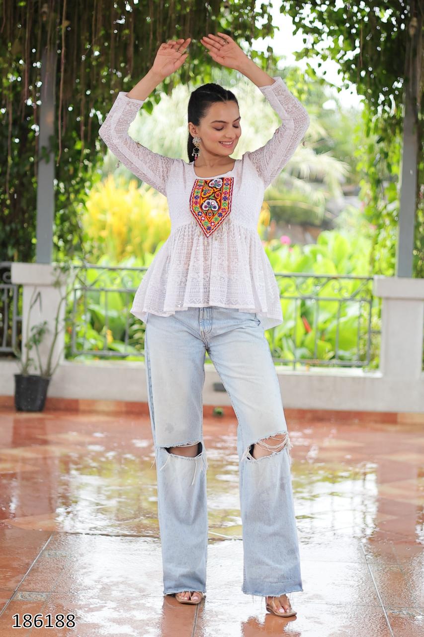 Georgette Schiffli & Kutchi Gamthi Patch Short Tunic Kurti – Festive & Ethnic Glam for Women