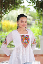 Georgette Schiffli & Kutchi Gamthi Patch Short Tunic Kurti – Festive & Ethnic Glam for Women