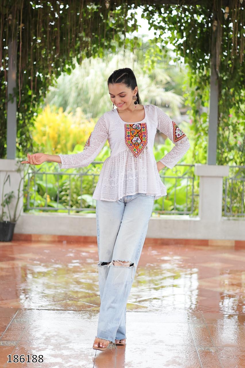 Georgette Schiffli & Kutchi Gamthi Patch Short Tunic Kurti – Festive & Ethnic Glam for Women