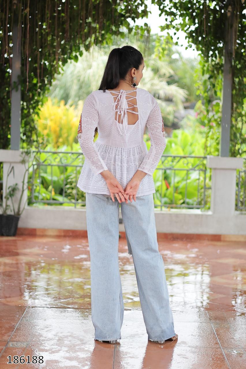 Georgette Schiffli & Kutchi Gamthi Patch Short Tunic Kurti – Festive & Ethnic Glam for Women