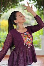 Georgette Schiffli & Kutchi Gamthi Patch Short Tunic Kurti – Festive & Ethnic Glam for Women
