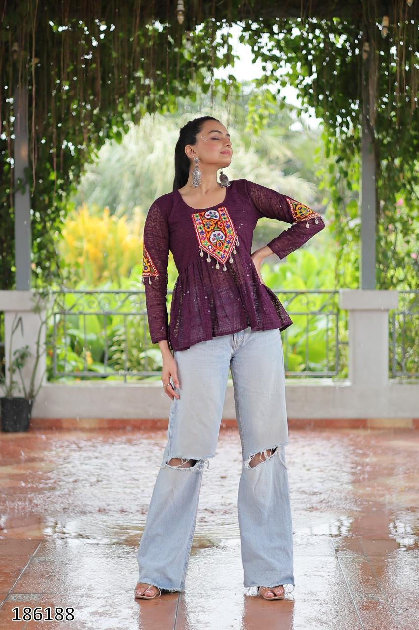 Georgette Schiffli & Kutchi Gamthi Patch Short Tunic Kurti – Festive & Ethnic Glam for Women