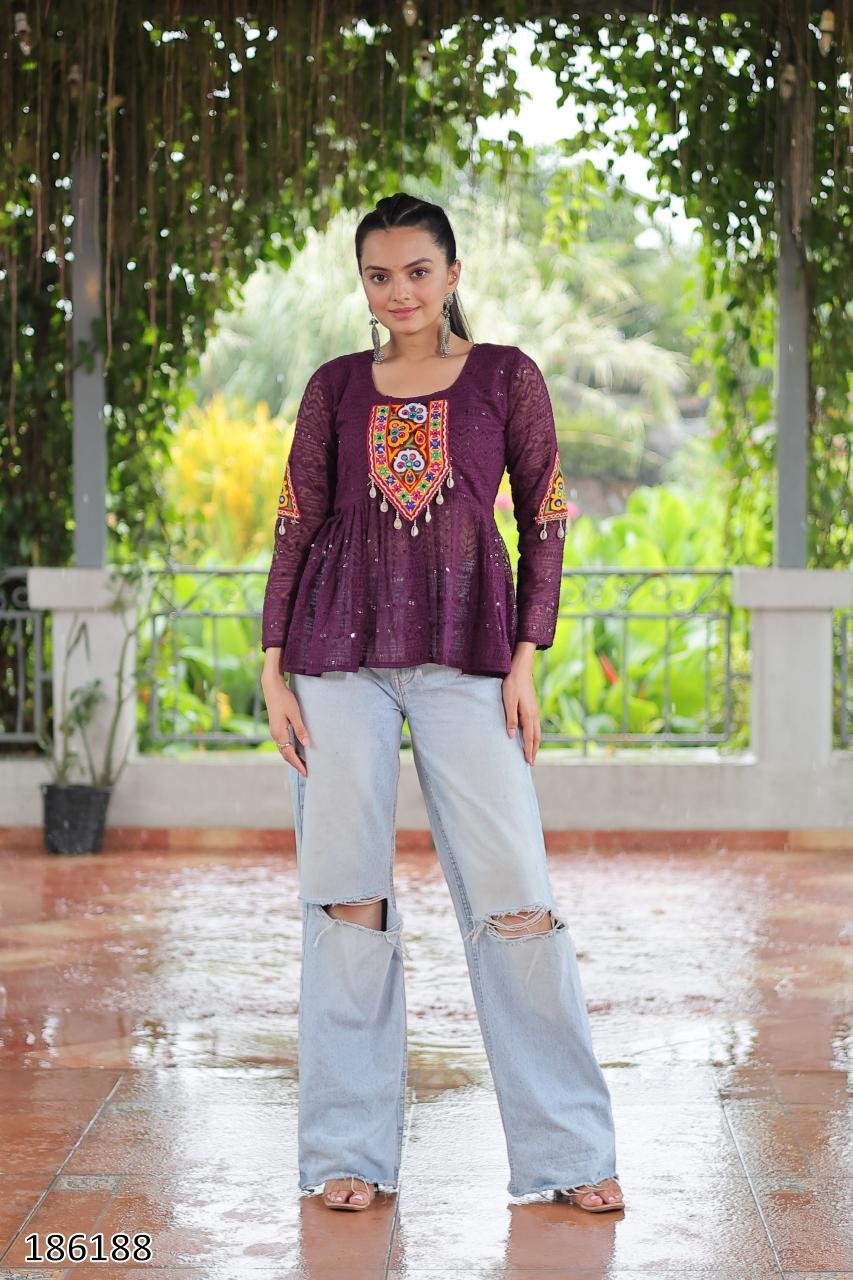 Georgette Schiffli & Kutchi Gamthi Patch Short Tunic Kurti – Festive & Ethnic Glam for Women