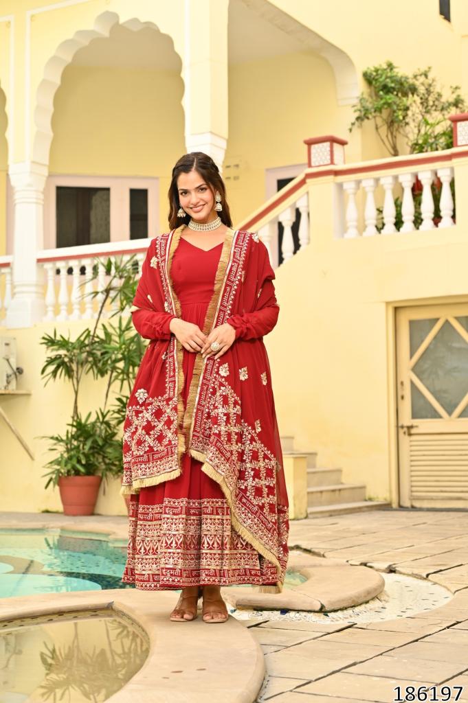 Royal Red Zari & Sequin Embroidered Gown with Dupatta