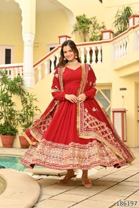 Royal Red Zari & Sequin Embroidered Gown with Dupatta