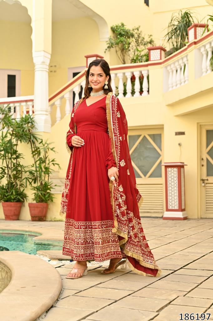 Royal Red Zari & Sequin Embroidered Gown with Dupatta