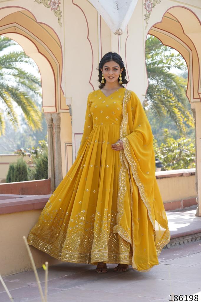 Sunlit Radiance Mustard Yellow Gown – Faux Georgette Zari & Sequins Embroidered Haldi Special Dress
