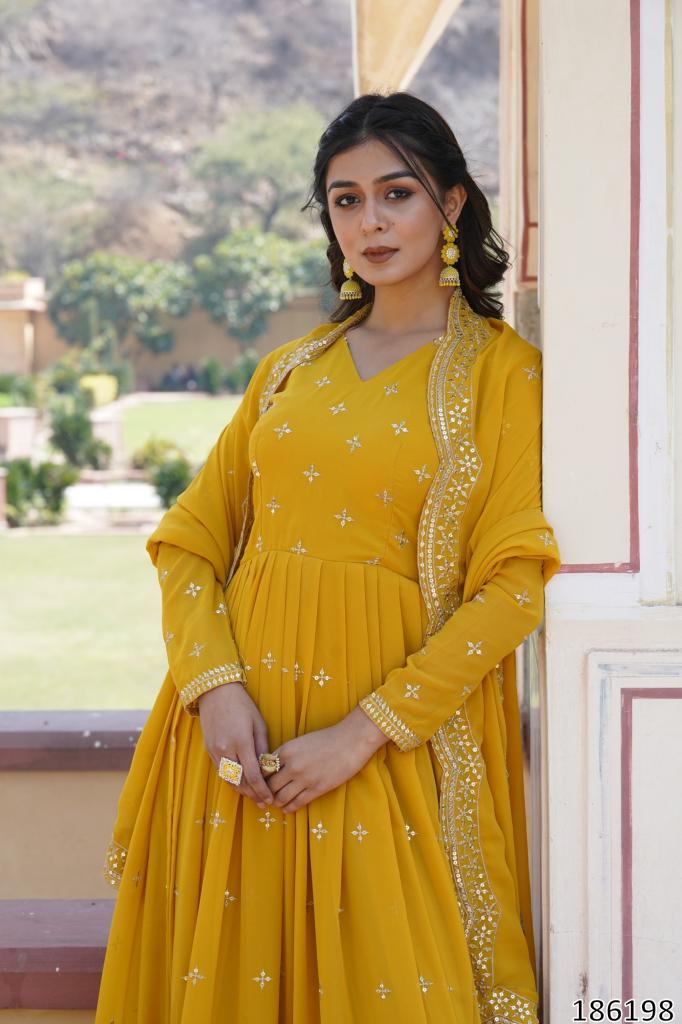 Sunlit Radiance Mustard Yellow Gown – Faux Georgette Zari & Sequins Embroidered Haldi Special Dress