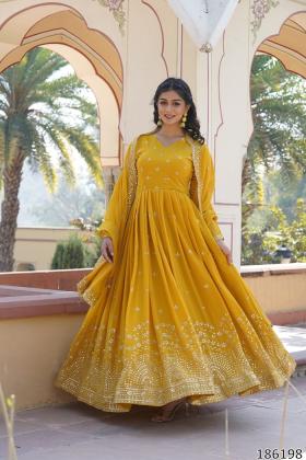 Sunlit Radiance Mustard Yellow Gown – Faux Georgette Zari & Sequins Embroidered Haldi Special Dress