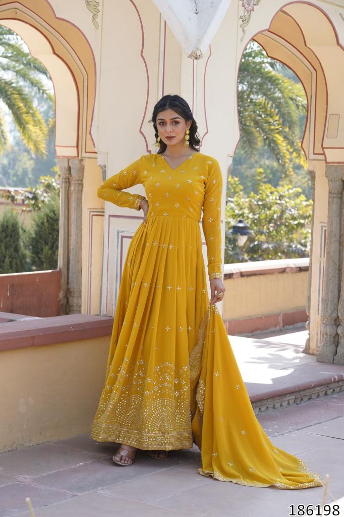 Sunlit Radiance Mustard Yellow Gown – Faux Georgette Zari & Sequins Embroidered Haldi Special Dress