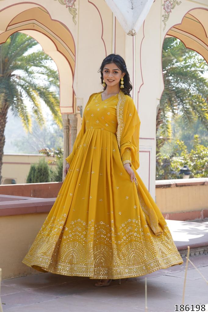 Sunlit Radiance Mustard Yellow Gown – Faux Georgette Zari & Sequins Embroidered Haldi Special Dress