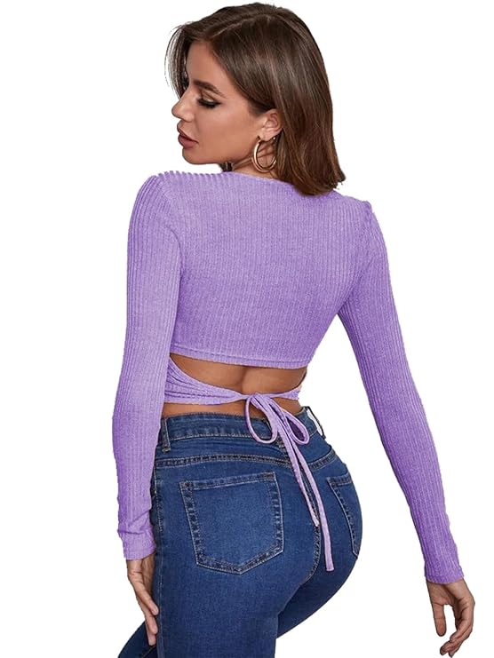 Ribbed Wrap-Tie Back Crop Top for Women – Chic, Stretchy & Ultra-Trendy Fit