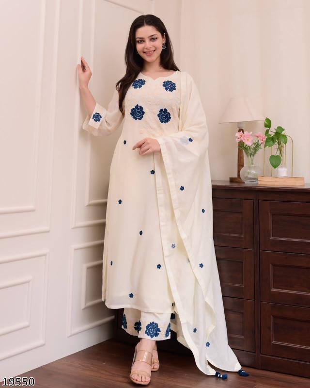 “Radiant Embroidered Reyon Slub Set with Chanderi Dupatta – Luxe Party / Festive Ensemble”