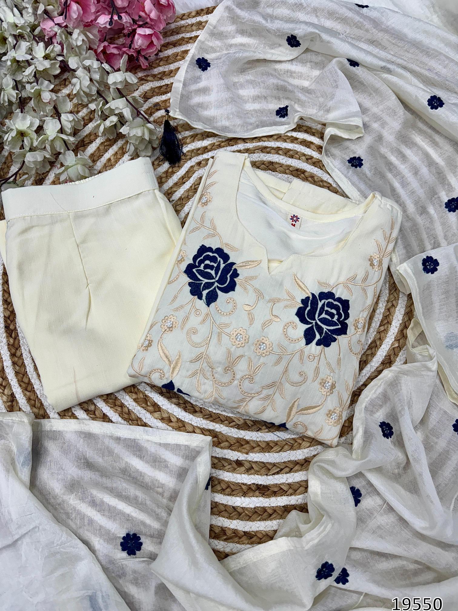 “Radiant Embroidered Reyon Slub Set with Chanderi Dupatta – Luxe Party / Festive Ensemble”