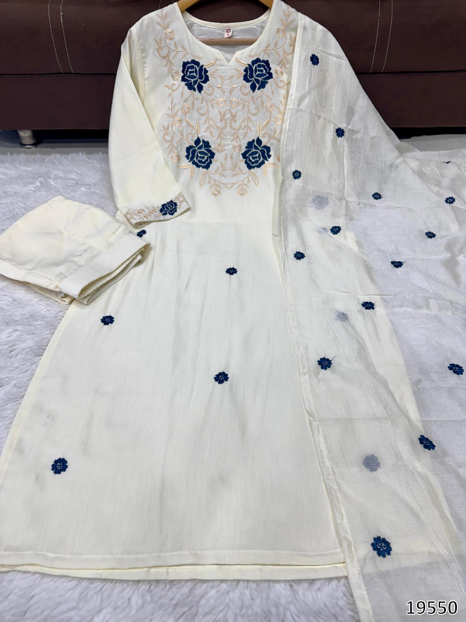 “Radiant Embroidered Reyon Slub Set with Chanderi Dupatta – Luxe Party / Festive Ensemble”